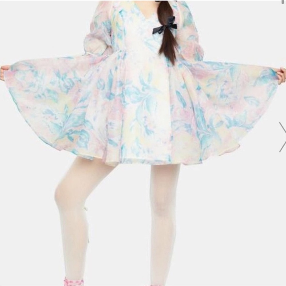 Selkie Pastel Floral Mini Dress in Light Pink, Blue and Cream